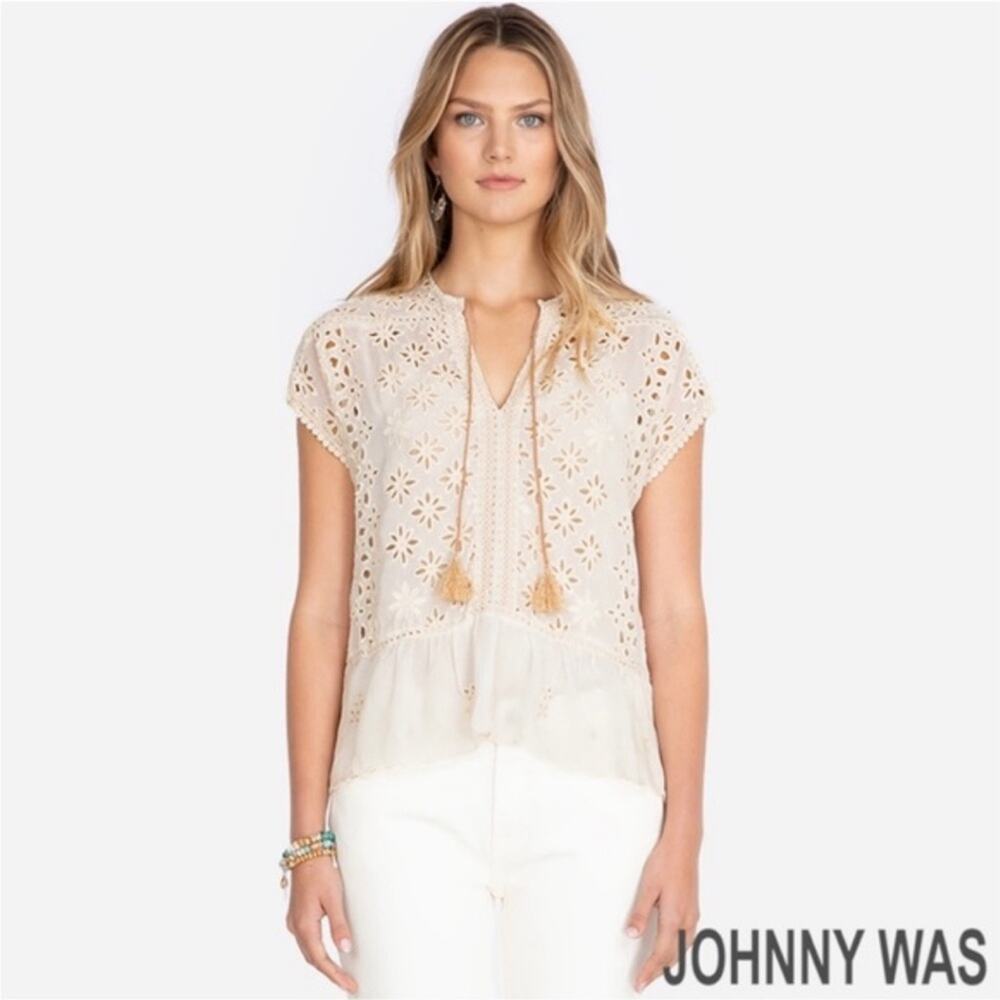 Johnny Was Leith Lace Eyelet Top in Natural Sz: M